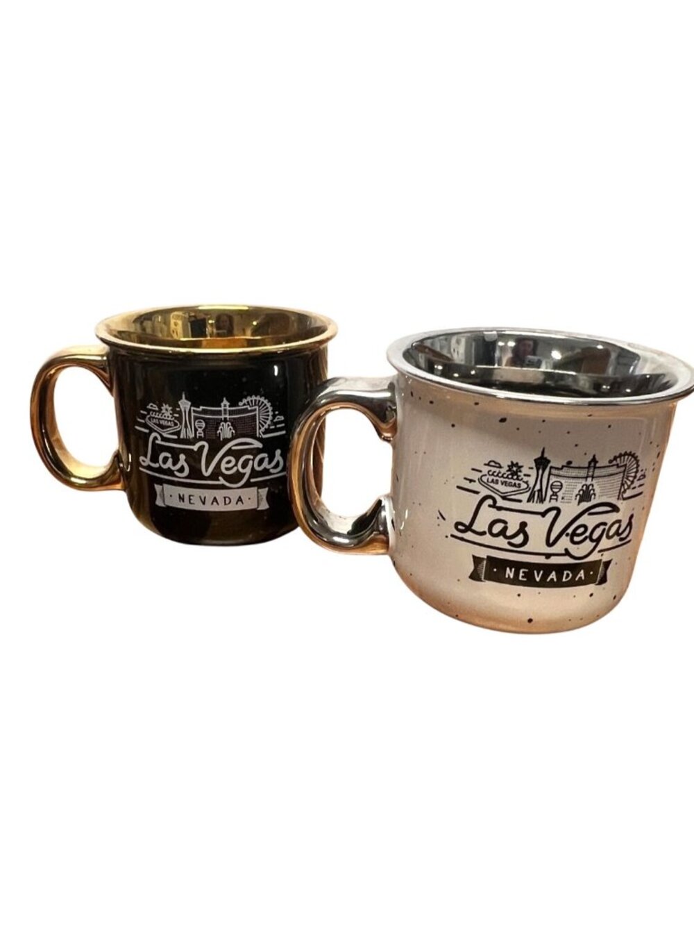 Vintage style pair "Las Vegas Souvenir Coffee Mug Set - Campfire Style - Black/G